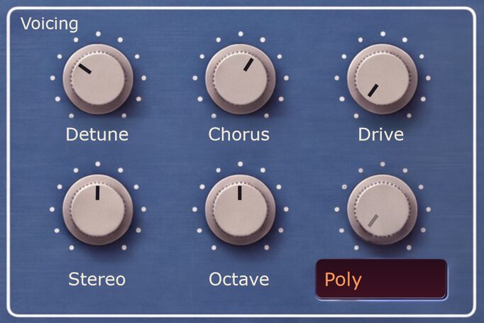 The Voicing box: Detune, Chorus, Drive, Stereo, Octave, Glide and the Poly / Mono menu