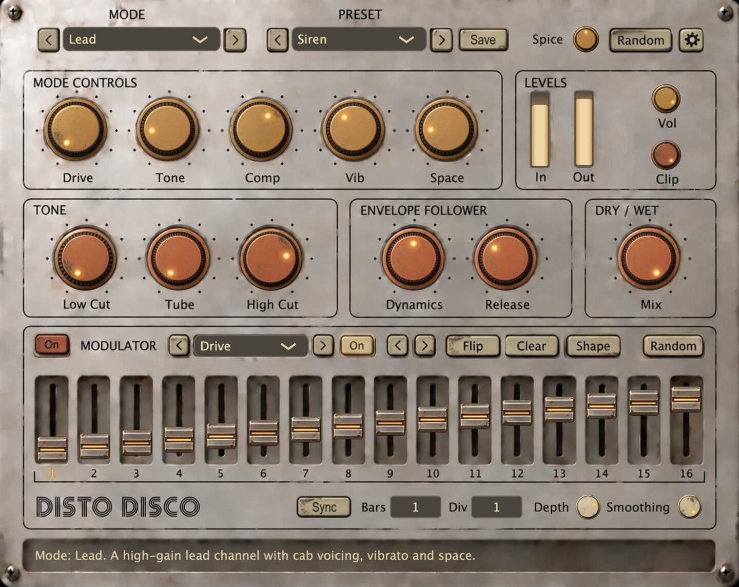 Disto Disco in Lead mode, with the step modulator running