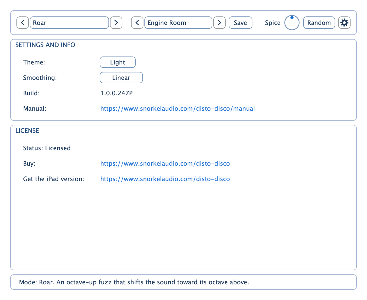 Disto Disco - light theme, settings tab open