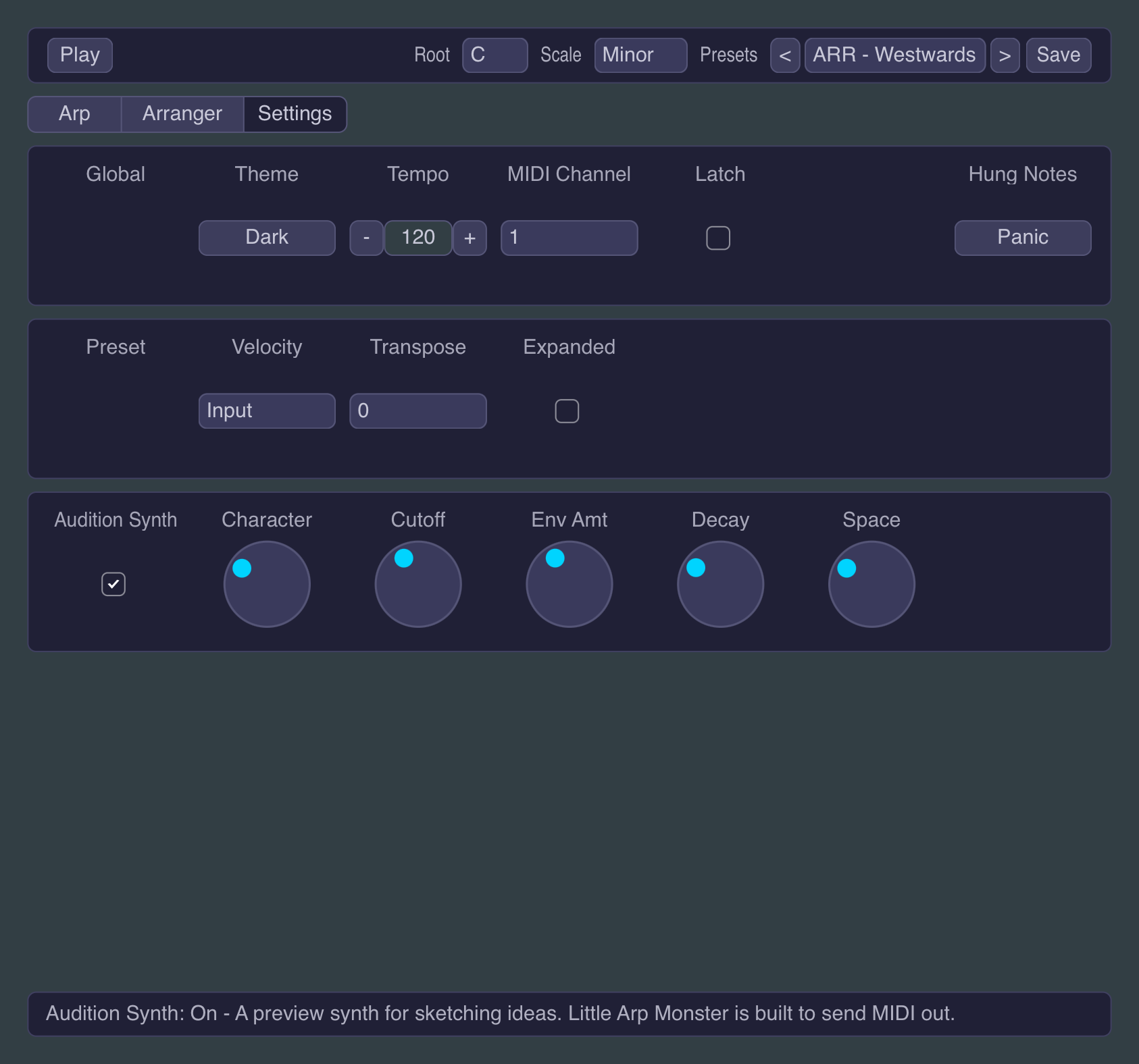 Little Arp Monster - the Settings tab