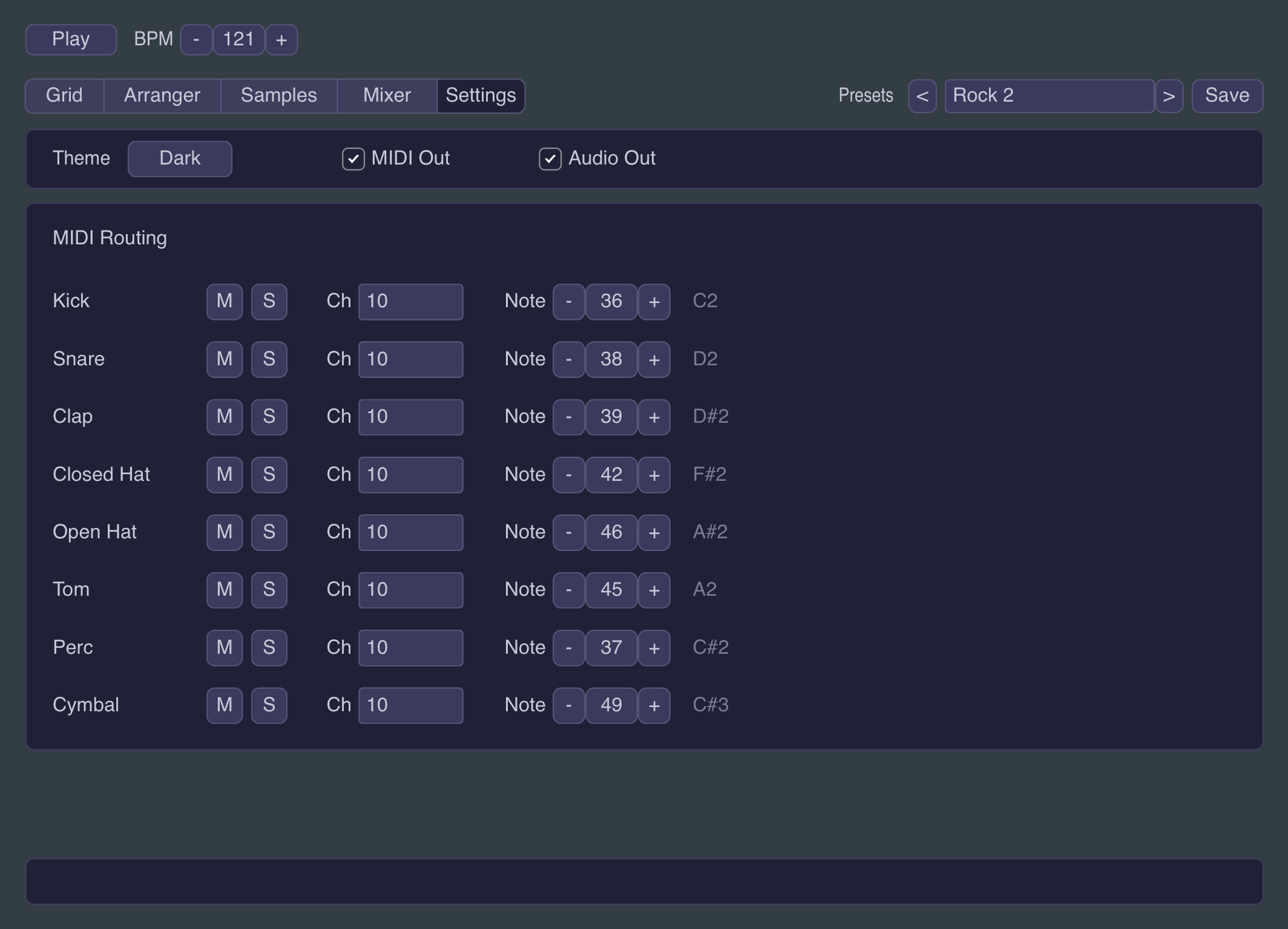 Little Drum Machine: the Settings tab