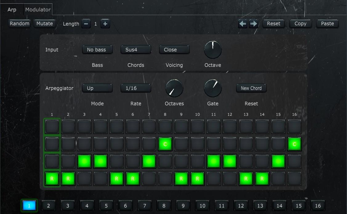 Snorkel's arpeggiator interface, showing the 16 step gate pattern grid, mode selector, and chord controls